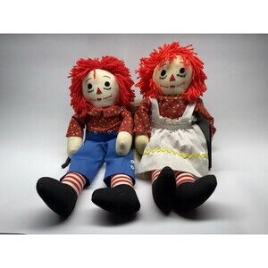 Raggedy Ann Andy Dolls 20” Set Vintage Handmade Cloth Plush Pair Classic